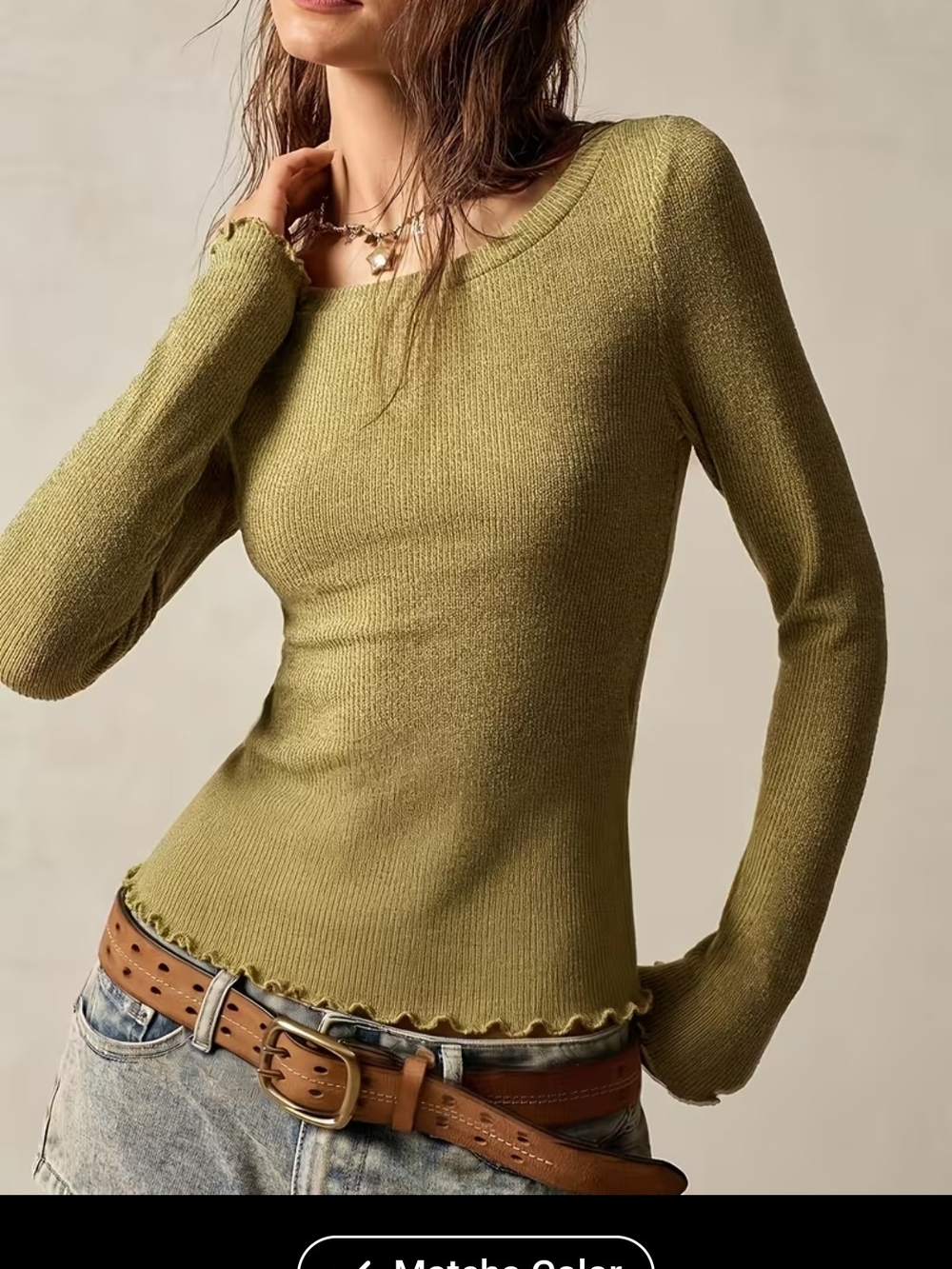 Source Unknown Olive Ribbed Long Sleeve Scoop Neck Top